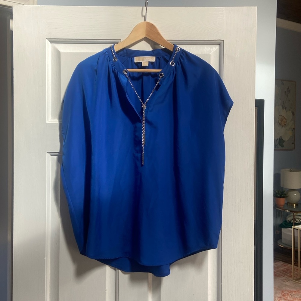Michael Kors jewel toned blue blouse with chain detail